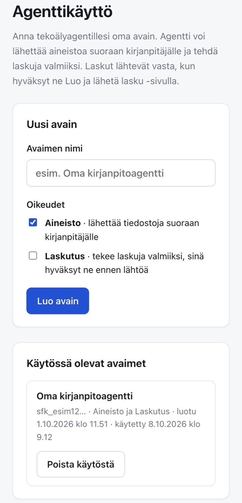Agenttikäyttö puhelimessa: avaimen nimi, oikeudet Aineisto ja Laskutus sekä käytössä oleva avain.