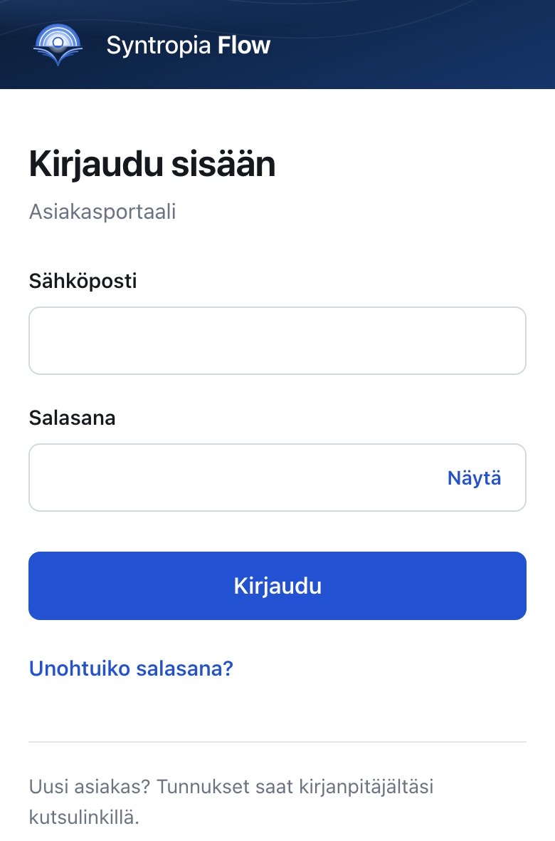 Kirjautuminen puhelimessa: sähköposti, salasana ja Kirjaudu-painike.