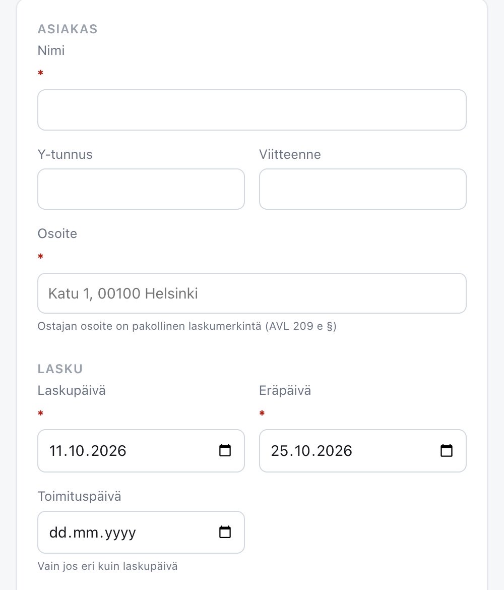 Laskulomake puhelimessa: asiakkaan tiedot, laskupäivä ja eräpäivä.