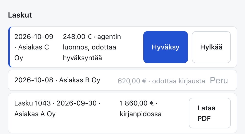 Laskulista: agentin luonnos odottaa hyväksyntää, toinen lasku odottaa kirjausta ja kolmas on kirjanpidossa ladattavana PDF:nä.