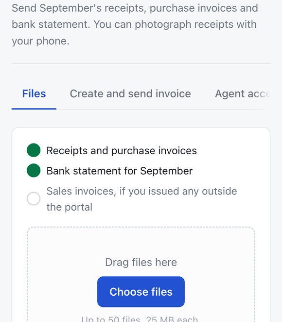 The September documents page: a checklist, and files are dragged into the box or chosen with Choose files.