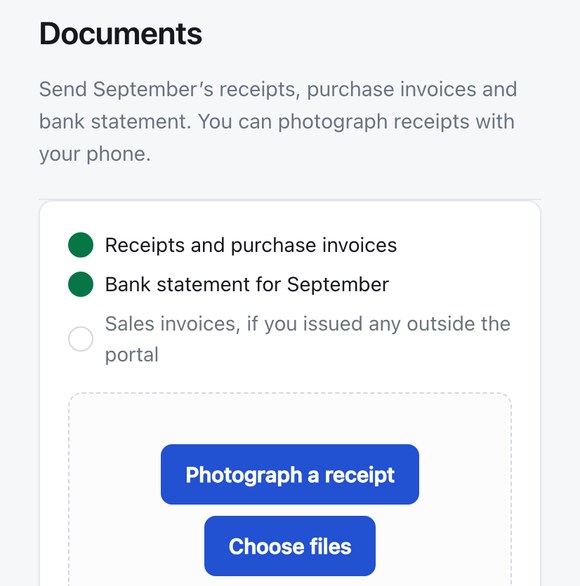 Documents on a phone: the month’s checklist and the Photograph a receipt and Choose files buttons.