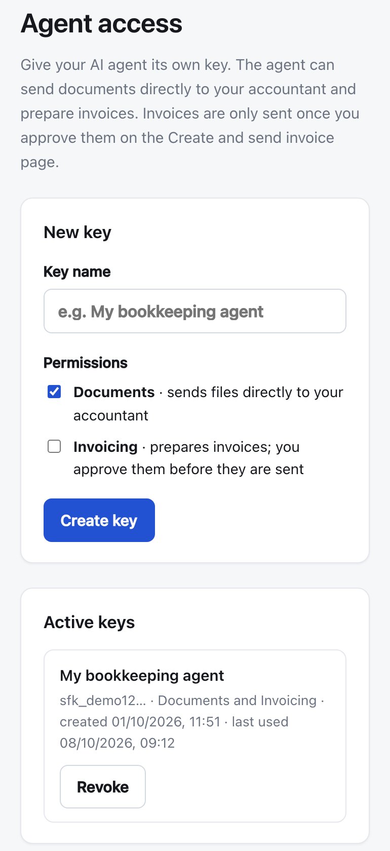 Agent access on a phone: the key name, the Documents and Invoicing permissions, and a key in use.