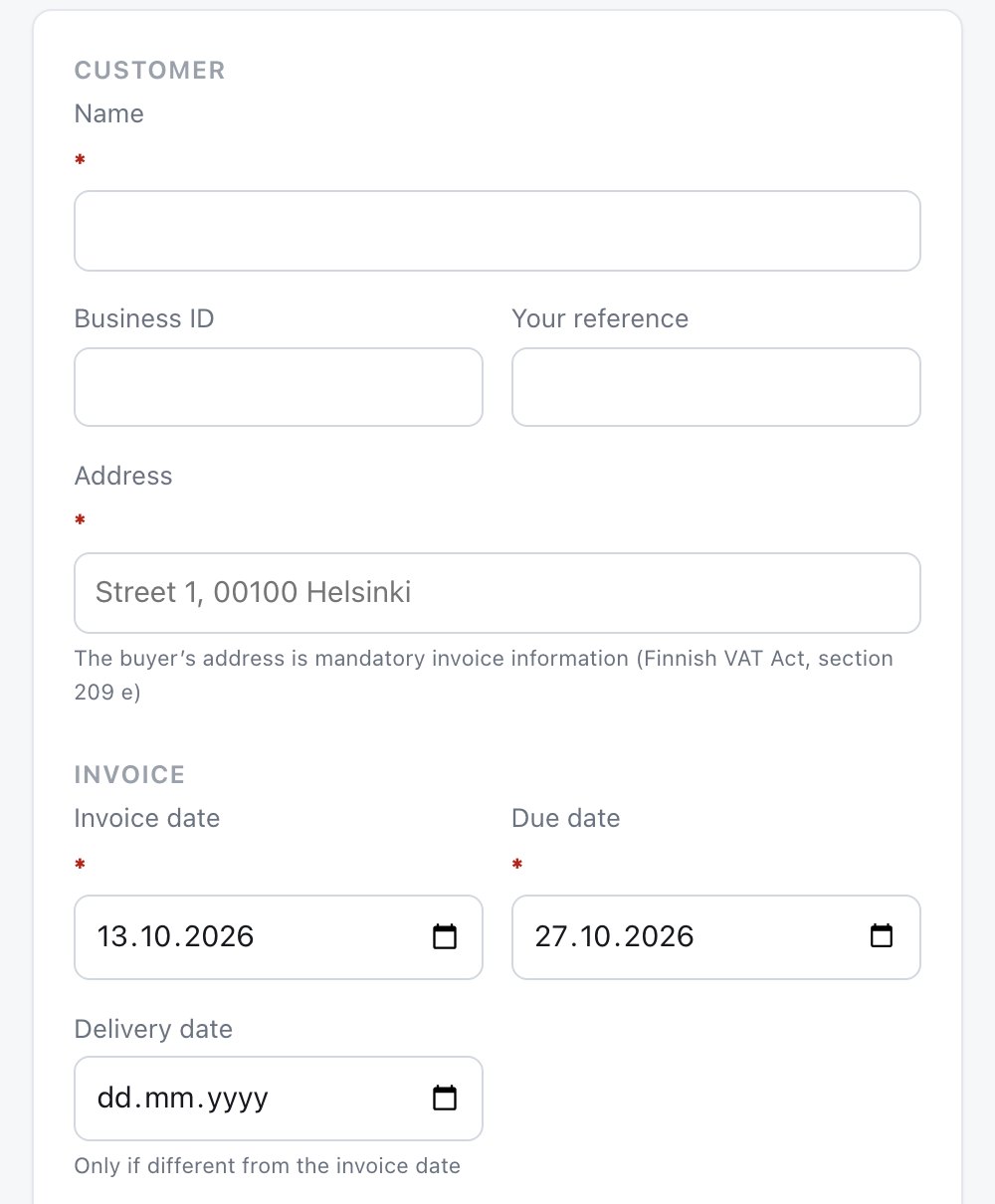The invoice form on a phone: customer details, invoice date and due date.