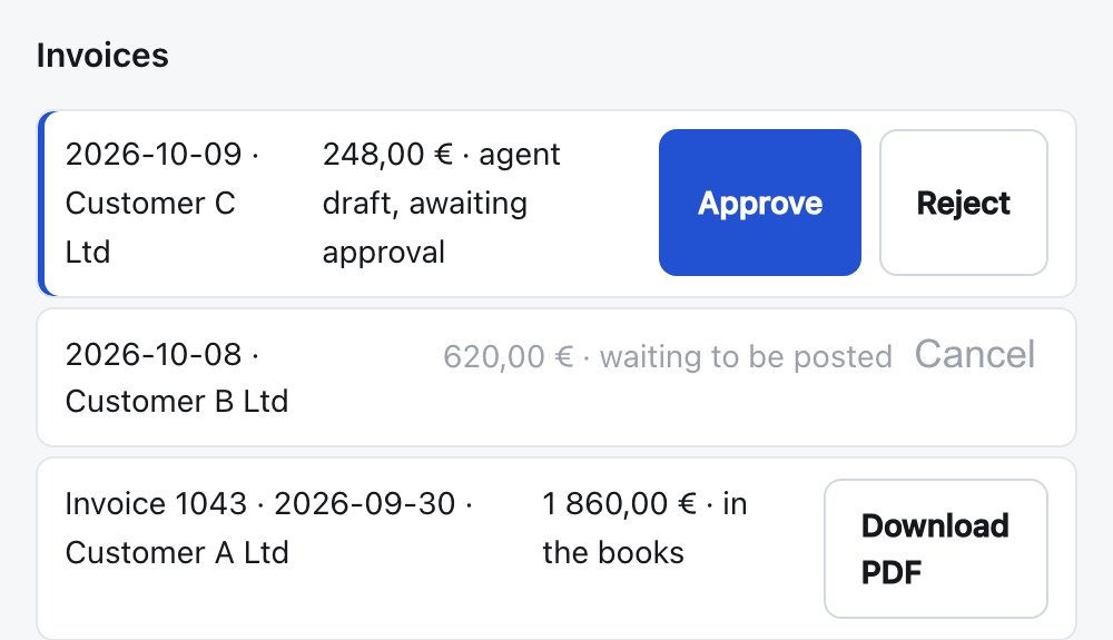 The invoice list: an agent's draft is waiting for approval, a second invoice is waiting to be posted, and a third is in the books and can be downloaded as a PDF.