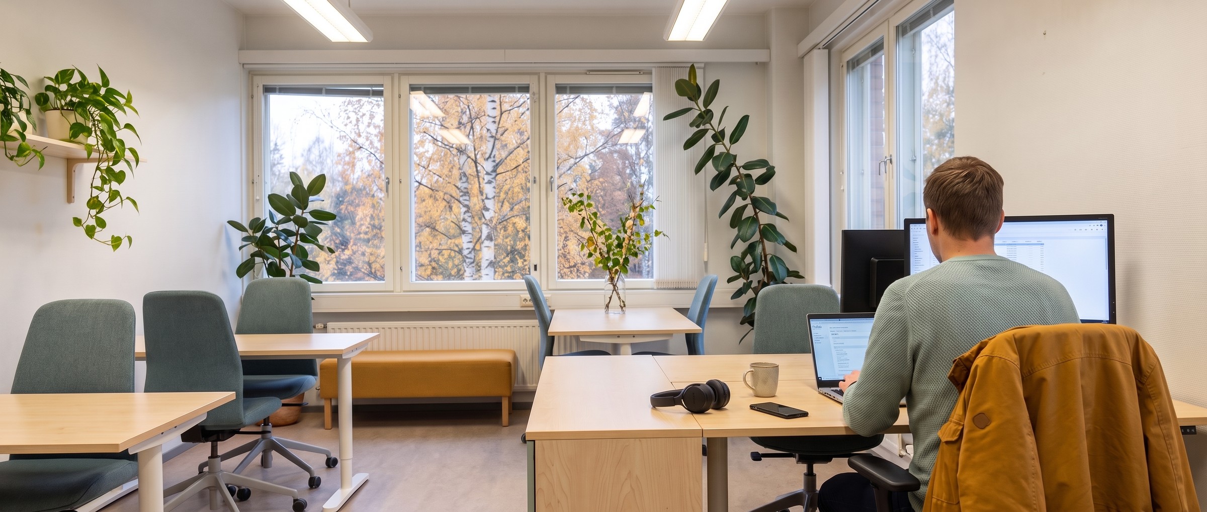An ordinary Finnish office with an accountant working at a desk, back to the camera.