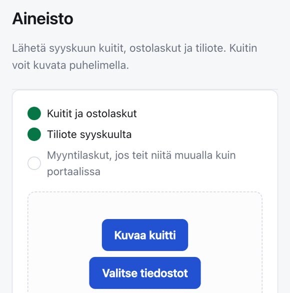 Aineisto puhelimessa: painikkeet Kuvaa kuitti ja Valitse tiedostot.