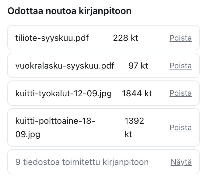 Lähetetyt tiedostot: neljä odottaa noutoa kirjanpitoon ja yhdeksän on jo toimitettu.
