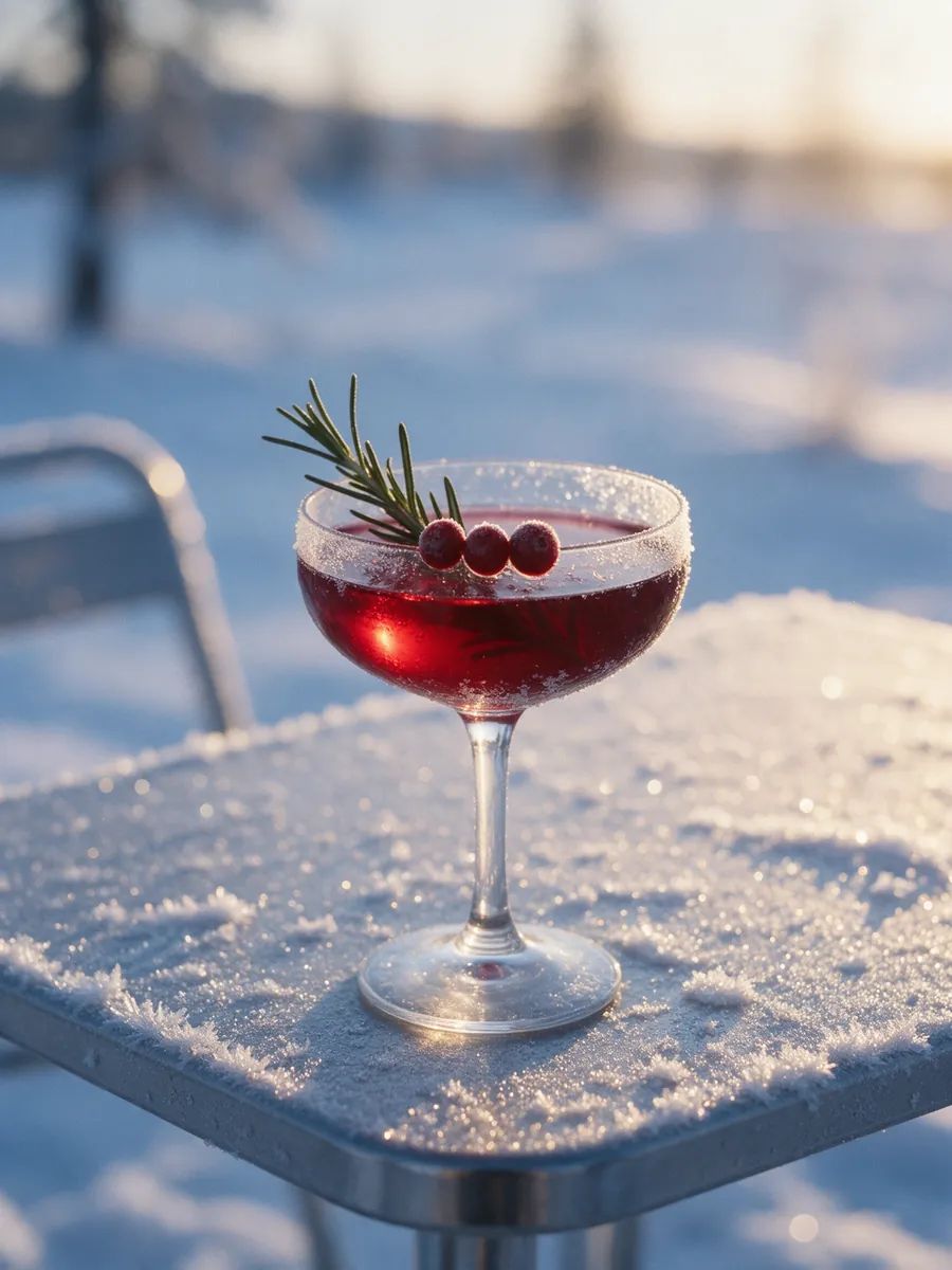 Kuura-mocktail coupe-lasissa rosmariinin ja jäisten puolukoiden kanssa