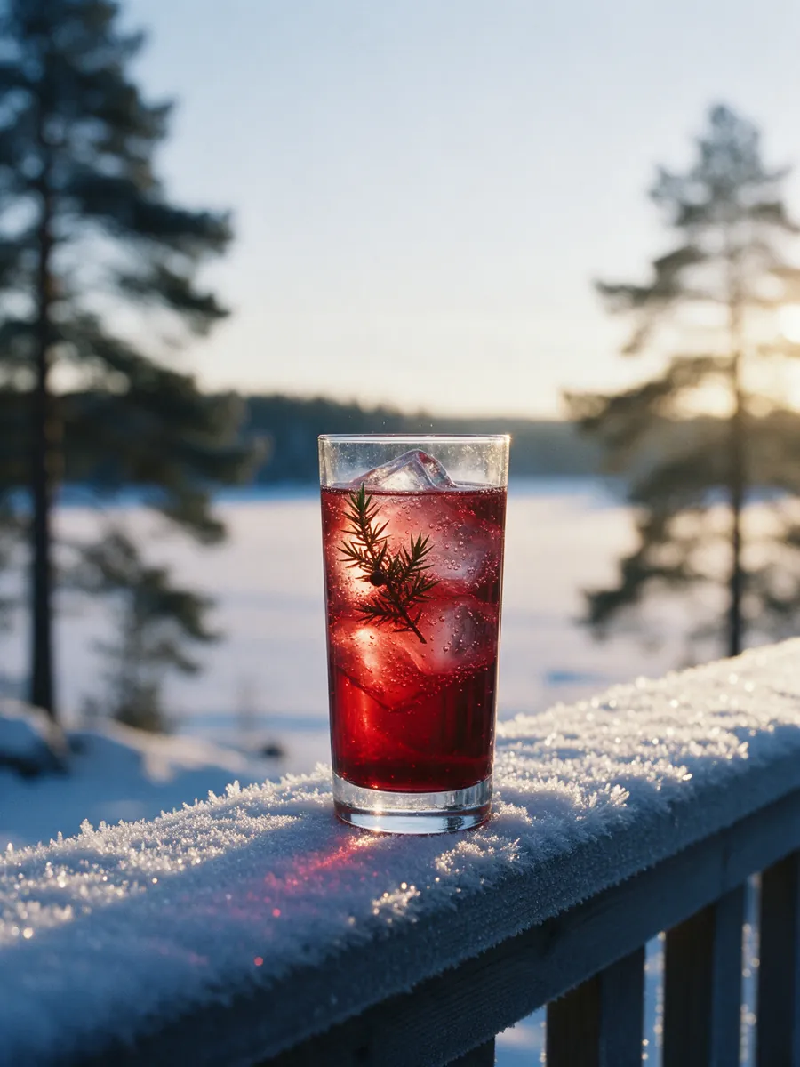 Lasi punaista Kuuraa jäiden kanssa saunan lumisella kaiteella