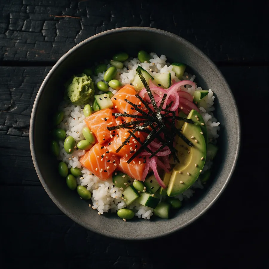 Lohikulho: sushiriisiä, lohta, edamamea, avokadoa ja kurkkua